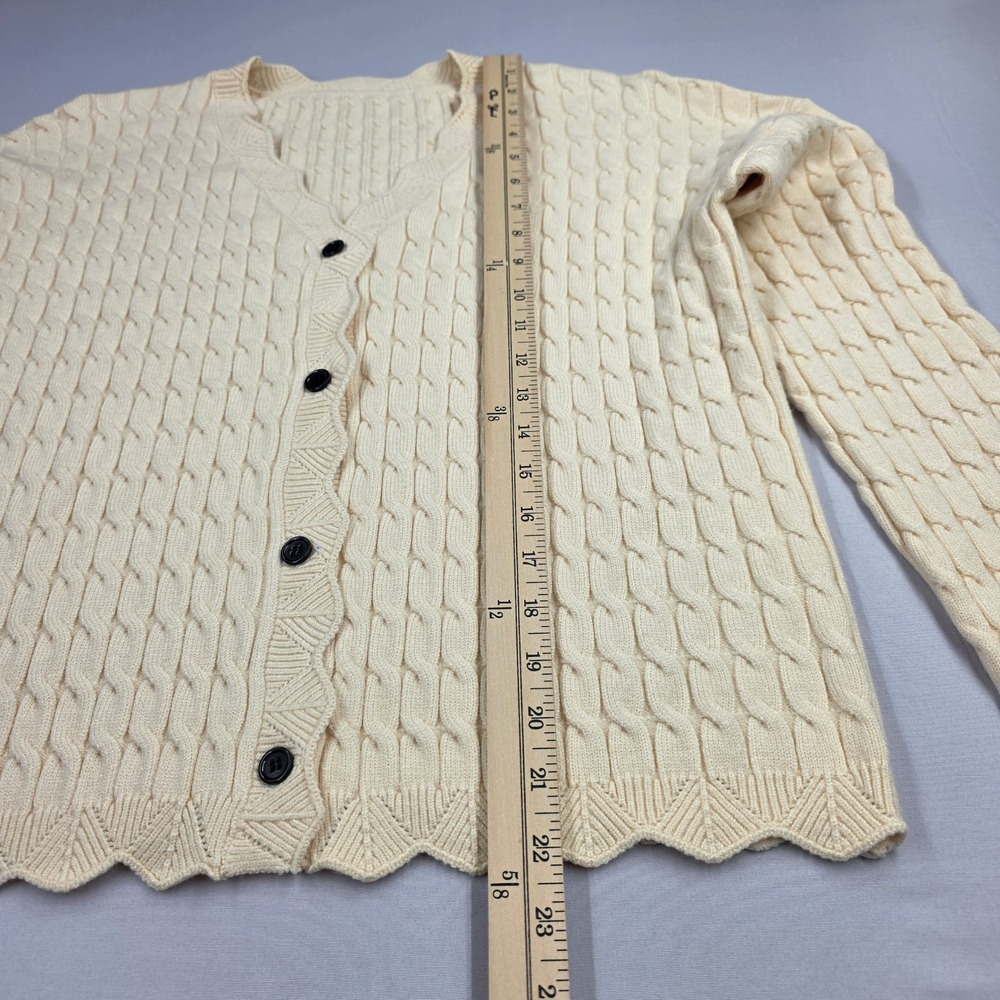 Cream Cable Knit Scalloped V-Neck Cardigan Sweater Large B8C745 - Picture 3 of 11